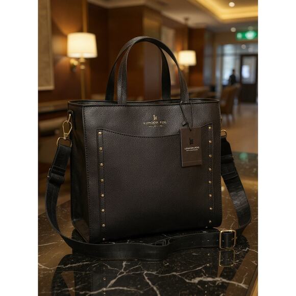 London Fog Handbags - London Fog Sophia Studded Black Tote Bag NWT Faux Leather Gold Hardware